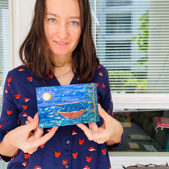 Canoe night Lovers Couple Nautical Painting Original Art Small 8”x10” Acrylic - Picture 6 of 8